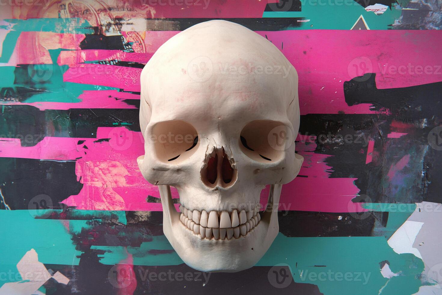 A human skull displayed against a colorful abstract background. photo