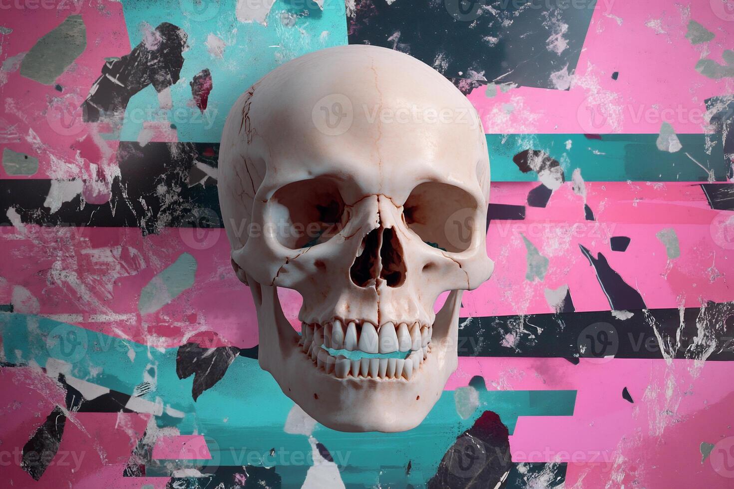 A realistic skull displayed against a vibrant, abstract background. photo