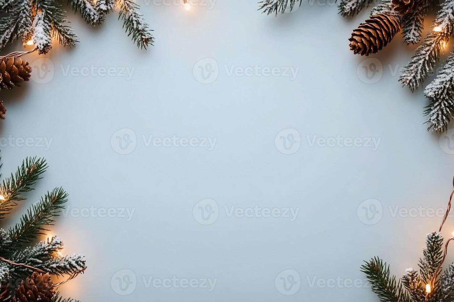 Christmas frame with fir branches and lights on a white background photo