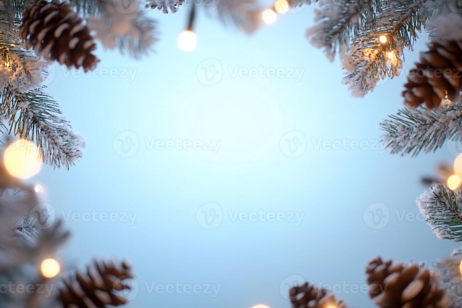 A winter-themed frame with pine branches, cones, and lights. photo