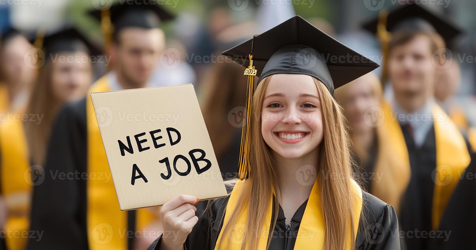 A young woman in graduation gown holding a sign that says need a job photo