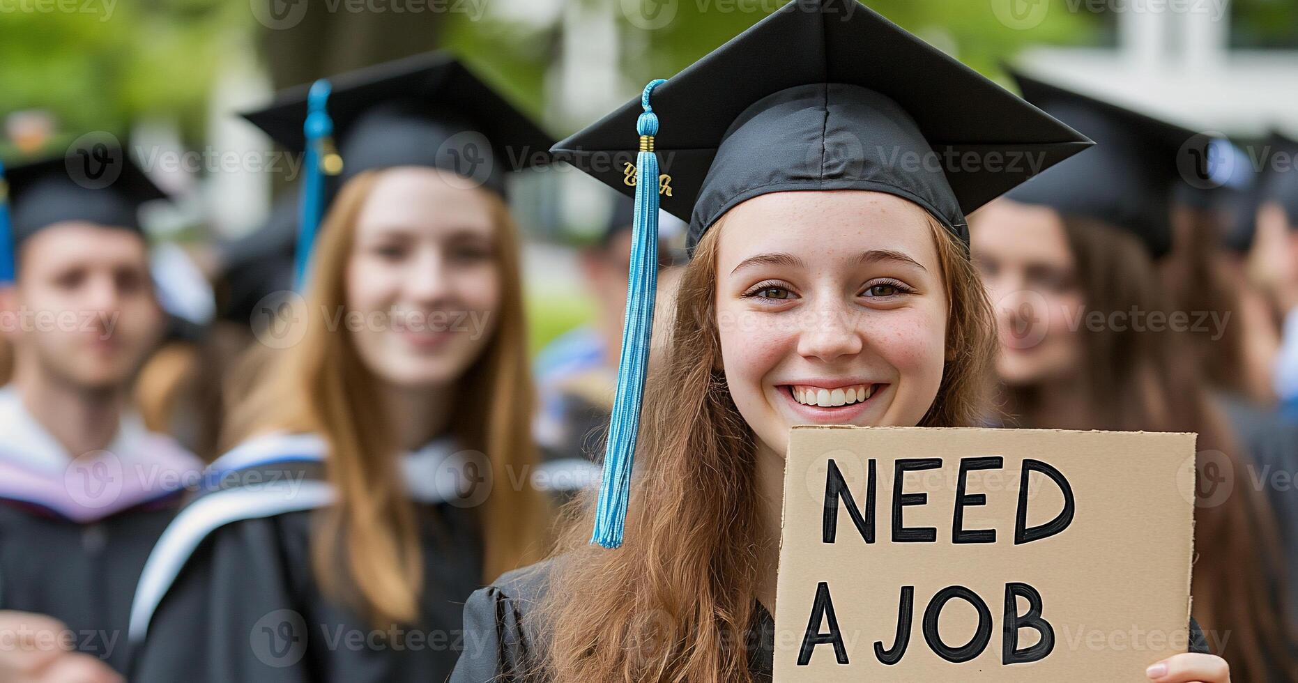 A woman in graduation gown holding a sign that says need a job photo