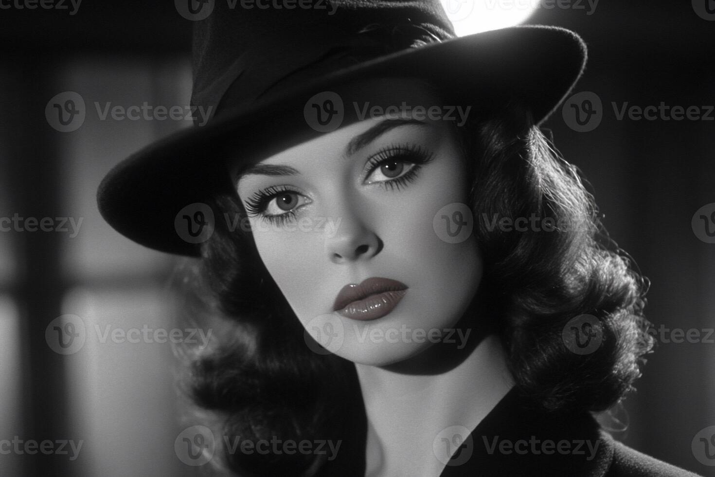 A woman in a hat and coat with a red lip photo