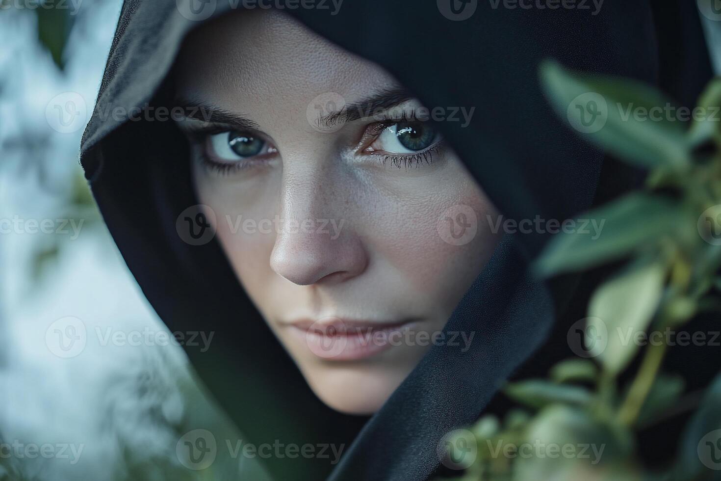 A woman in a black hoodie looking at the camera photo