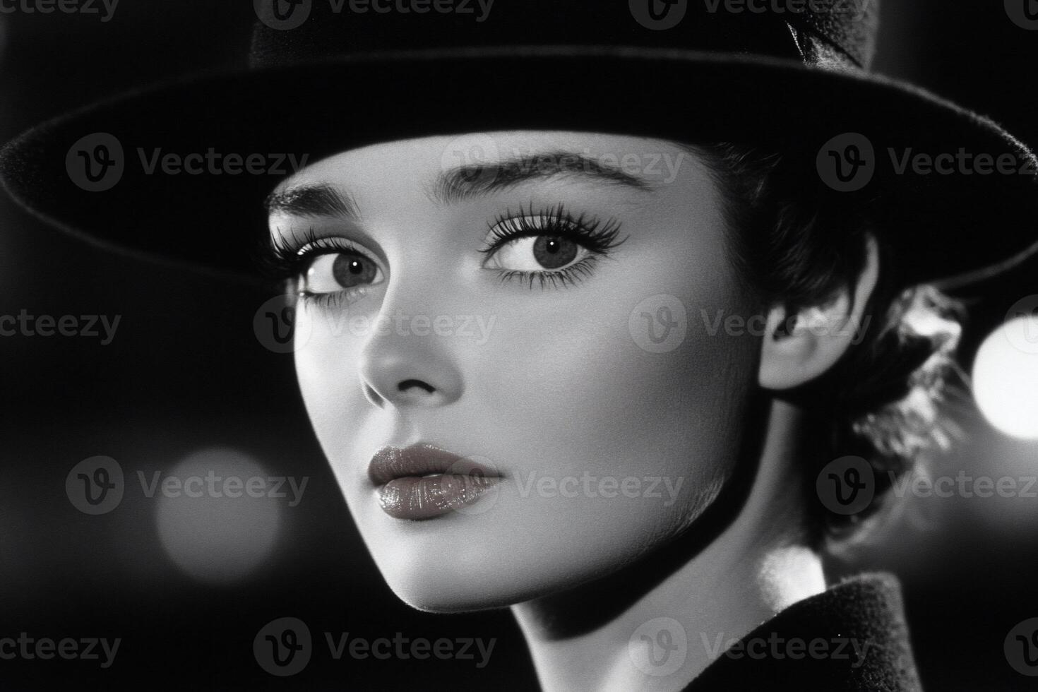 A black and white photo of a woman wearing a hat
