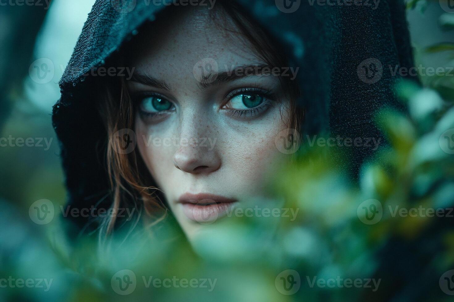 A woman with green eyes and a black hoodie photo