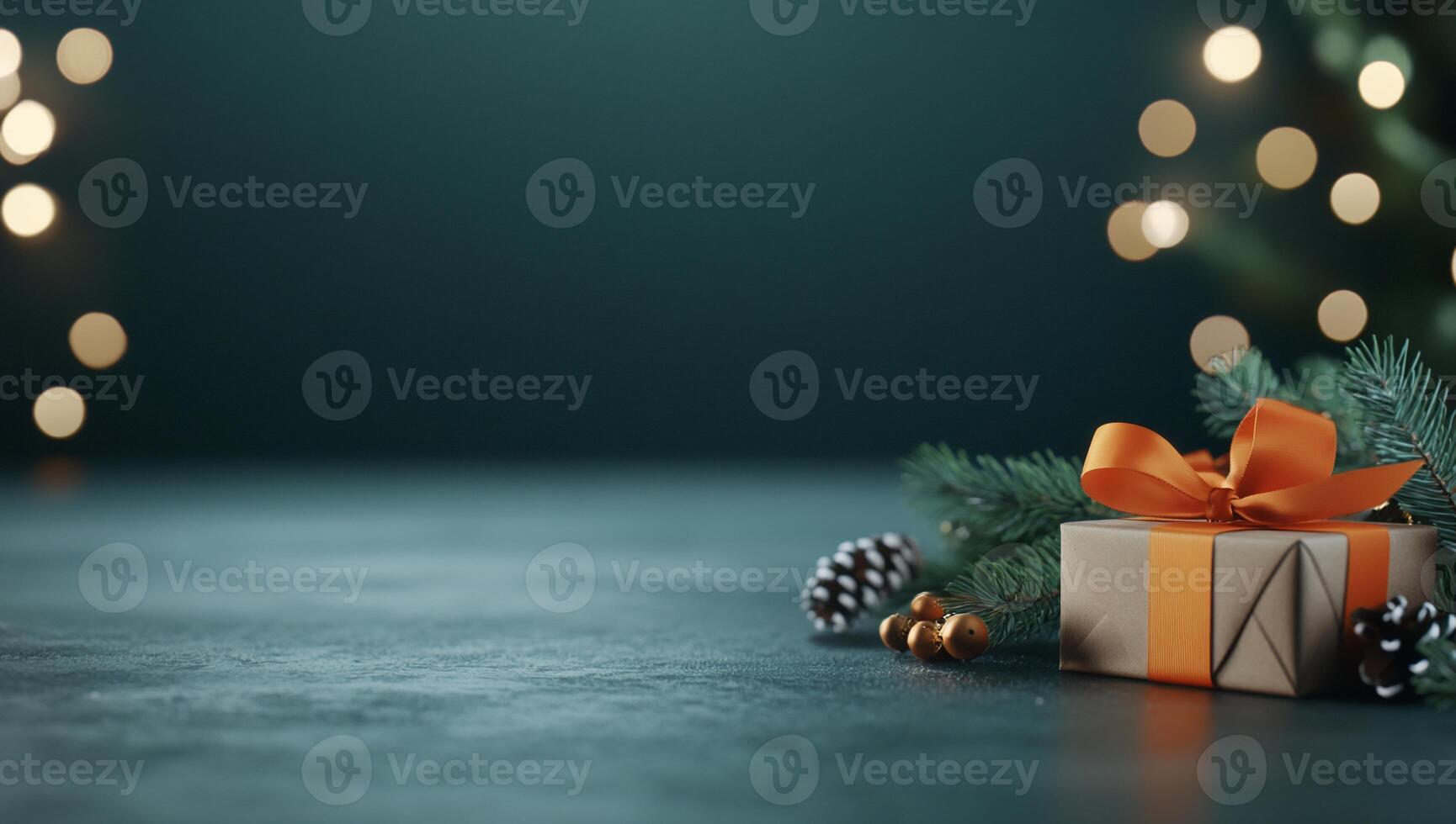 Christmas gift box with orange ribbon and christmas tree branches on dark background with bokeh photo