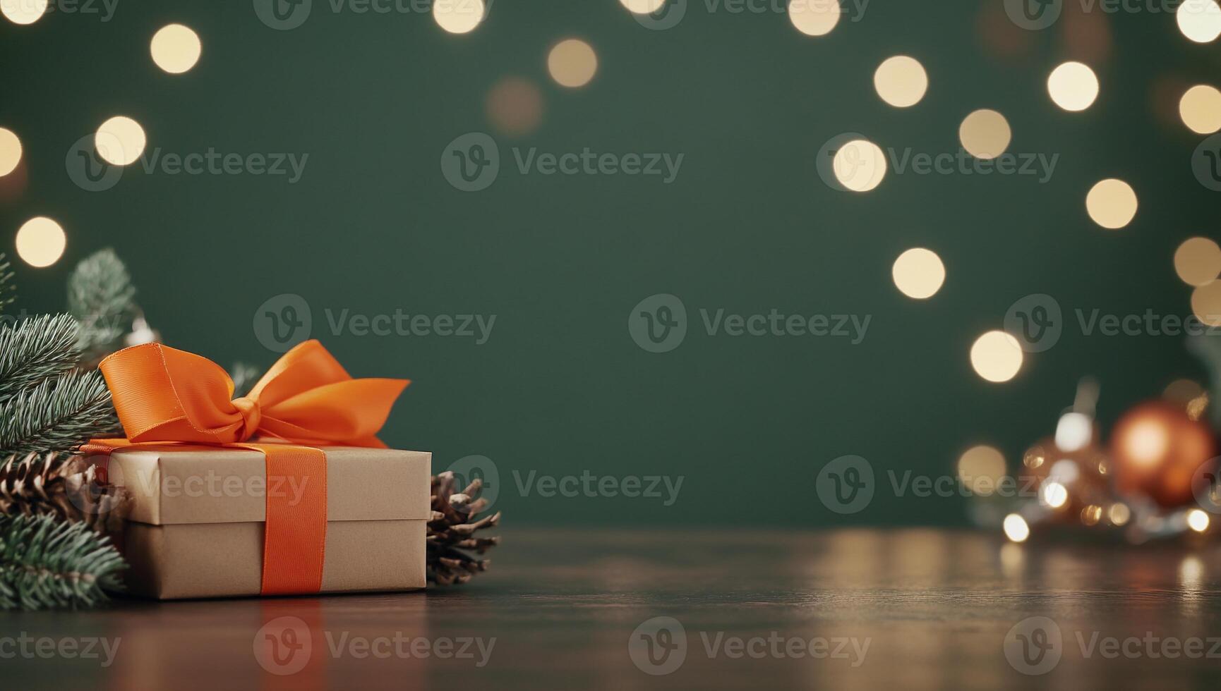 Gift box with orange ribbon and christmas tree on green background with bokeh lights photo