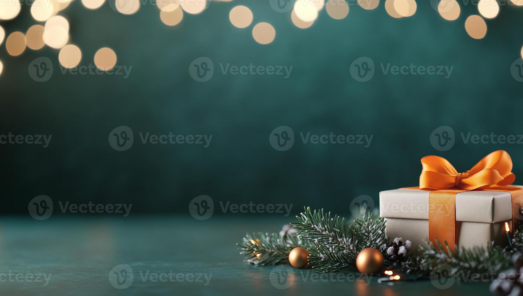 Christmas gift box with orange ribbon on green background with bokeh lights photo