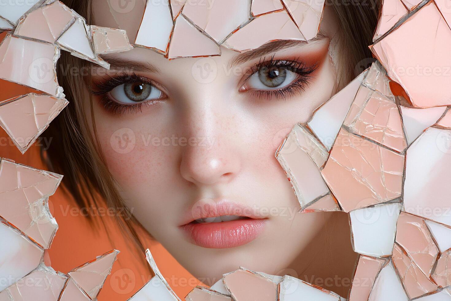 A woman with a broken face is looking through a cracked wall photo