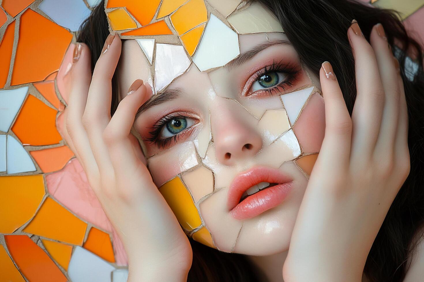 A close-up of a woman with a mosaic-like face made of colorful tiles. photo