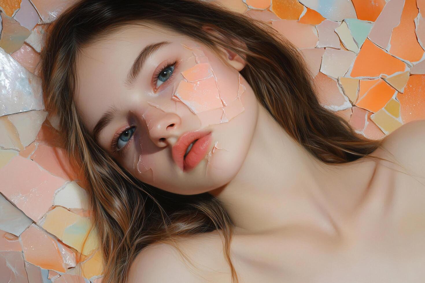 A close-up portrait of a model with cracked face makeup against a mosaic background. photo