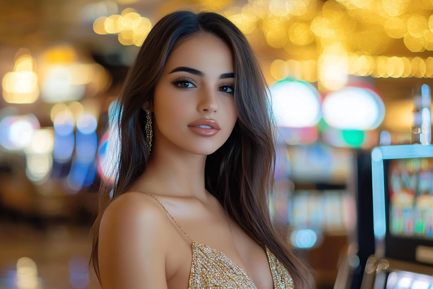 A glamorous woman poses in a vibrant casino setting. photo