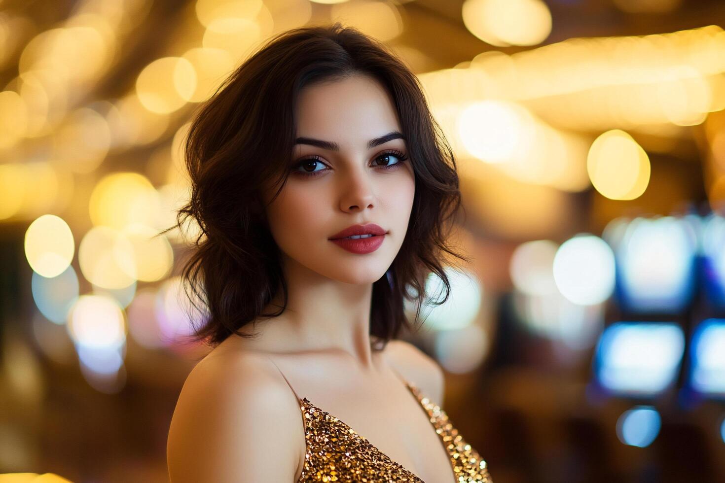A glamorous portrait of a woman with a sparkling background. photo