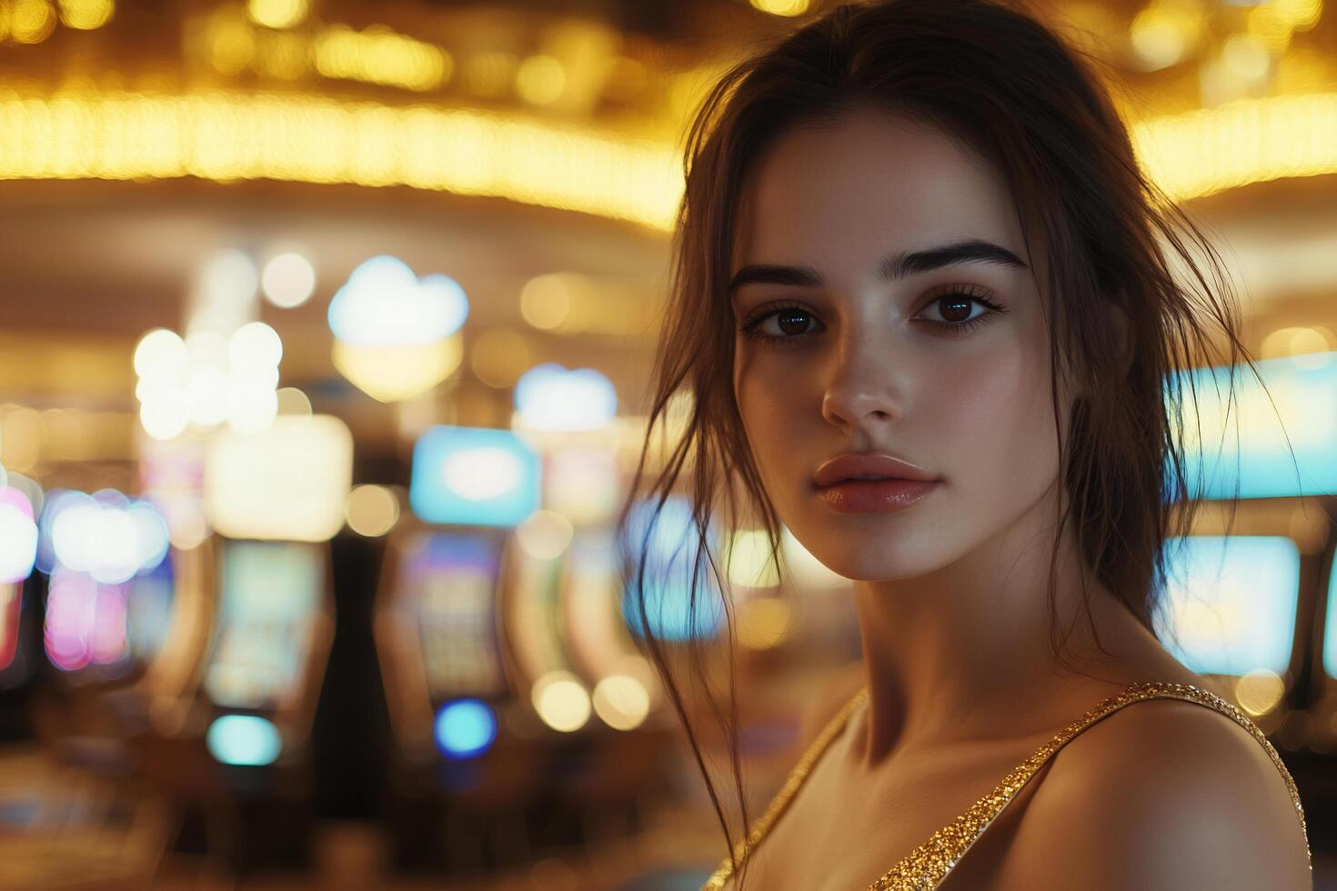 A young woman poses in a casino, illuminated by bright lights. photo
