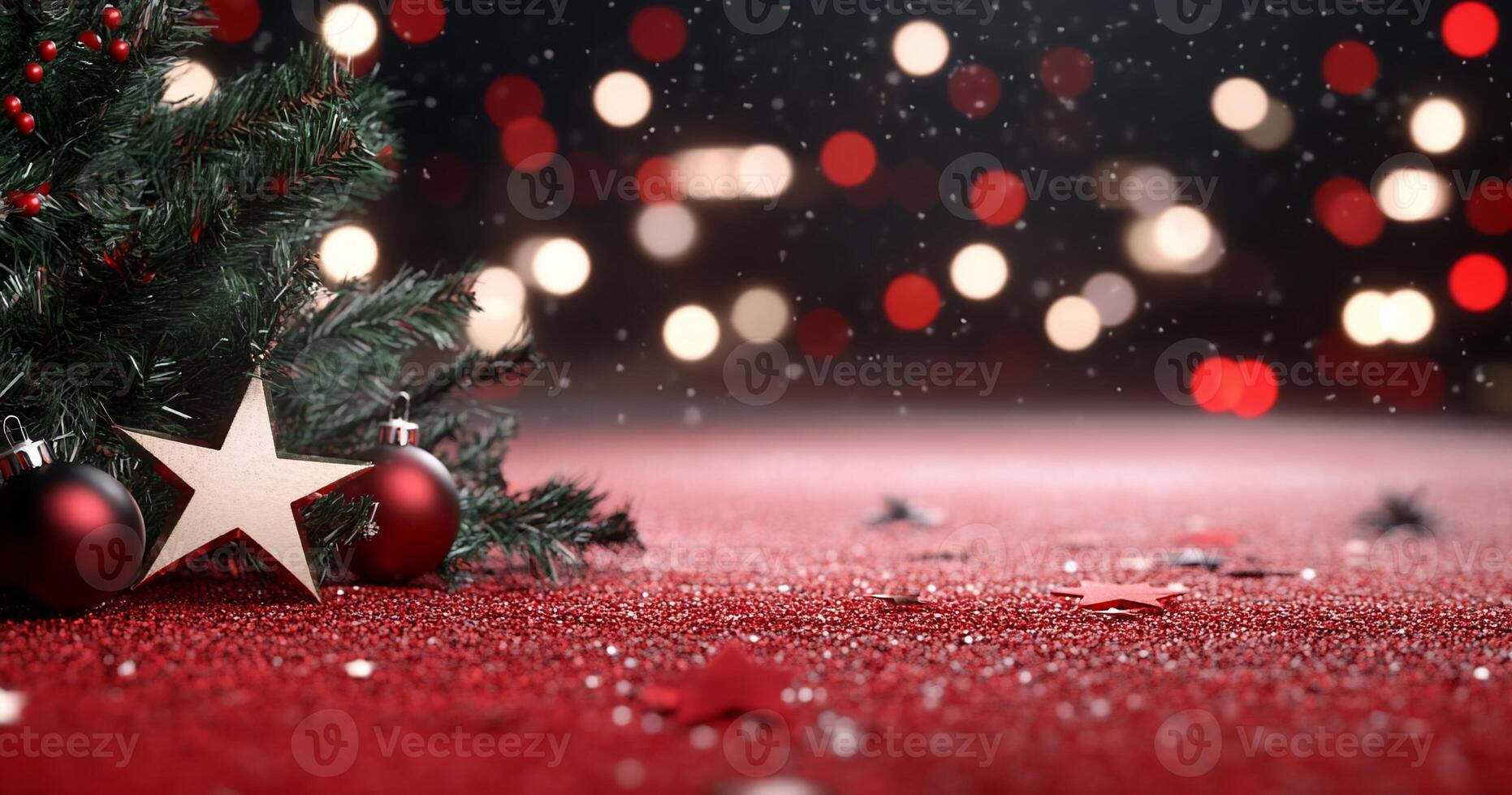 A festive scene featuring Christmas decorations and soft snowfall. photo