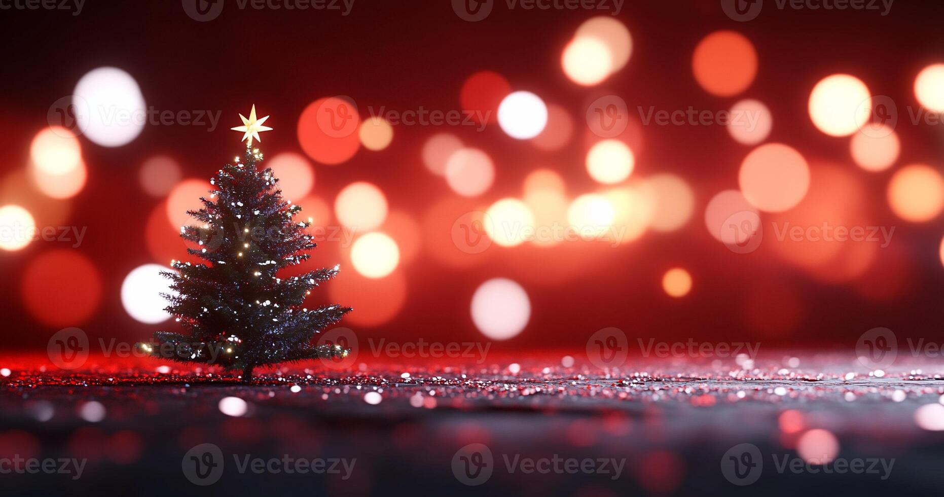 A festive Christmas tree with a star, surrounded by glowing bokeh lights. photo