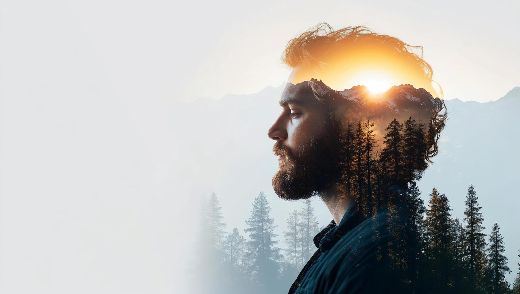 A double exposure portrait blending a man's profile with nature. photo