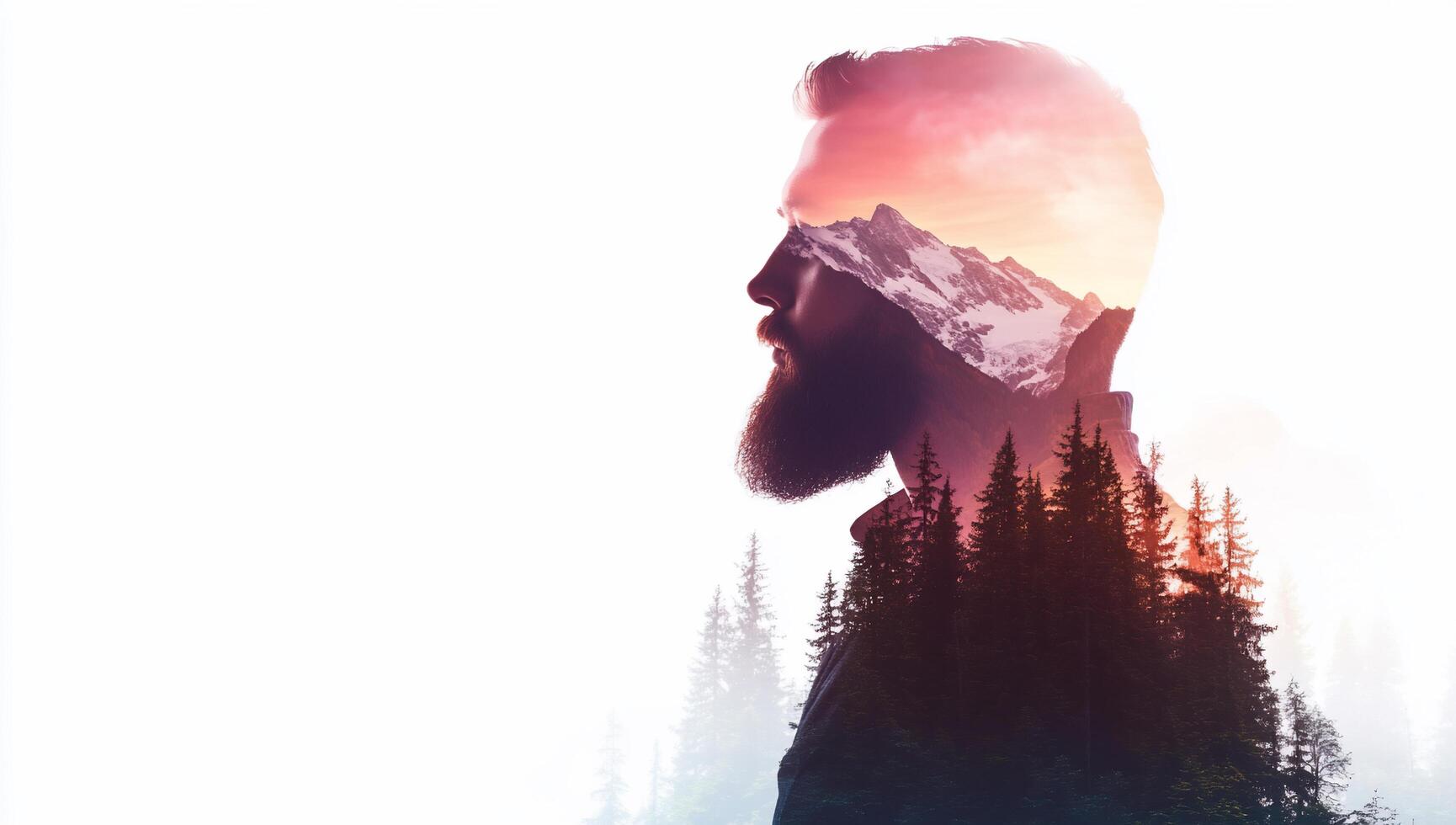 A double exposure portrait blending a man's silhouette with nature. photo