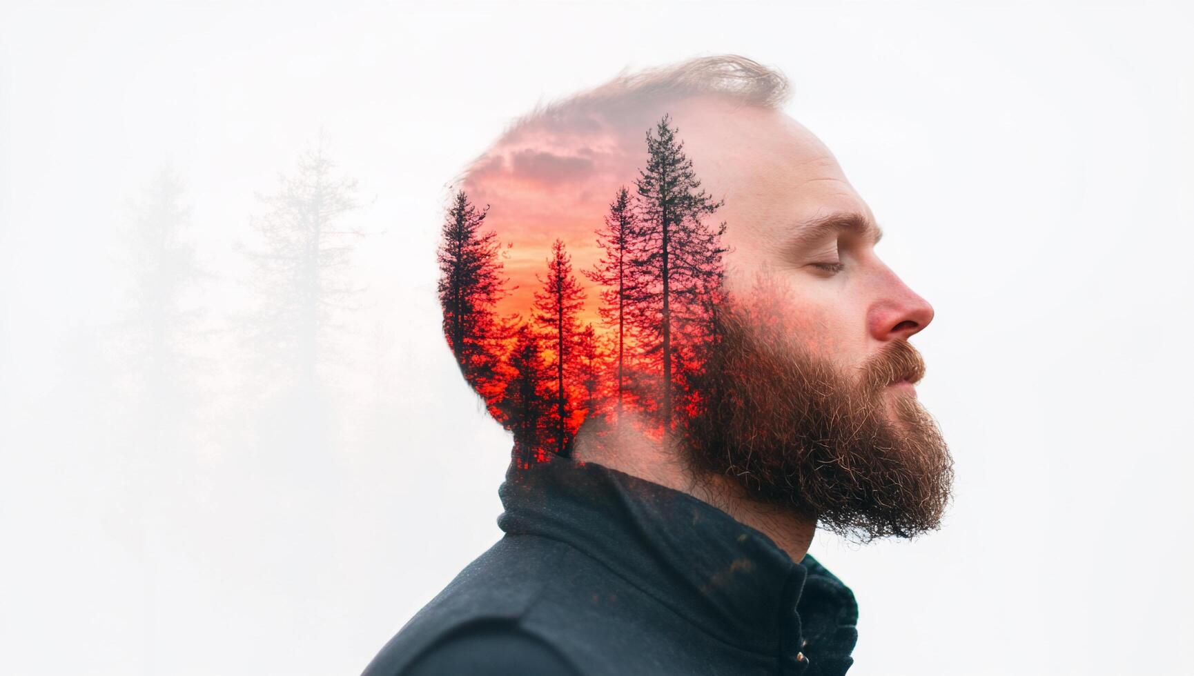 A double exposure of a man with a forest sunset in his mind. photo