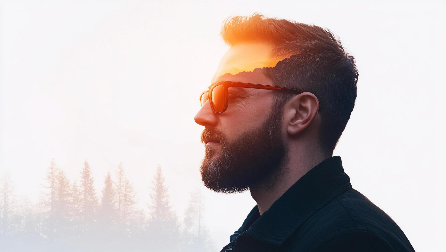 A profile of a man with a double exposure of a landscape. photo