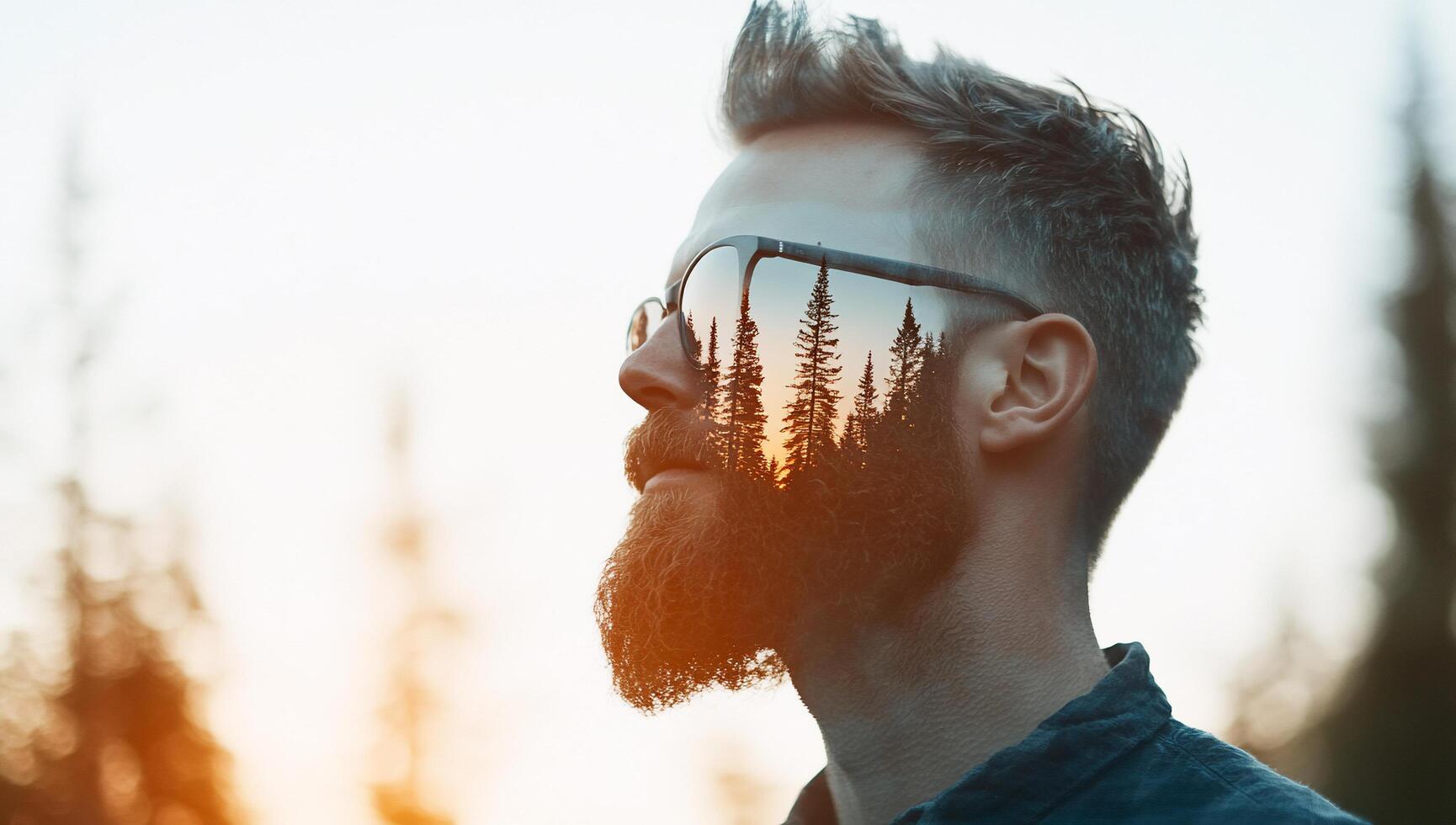 A man with reflective sunglasses showcasing a forest landscape. photo
