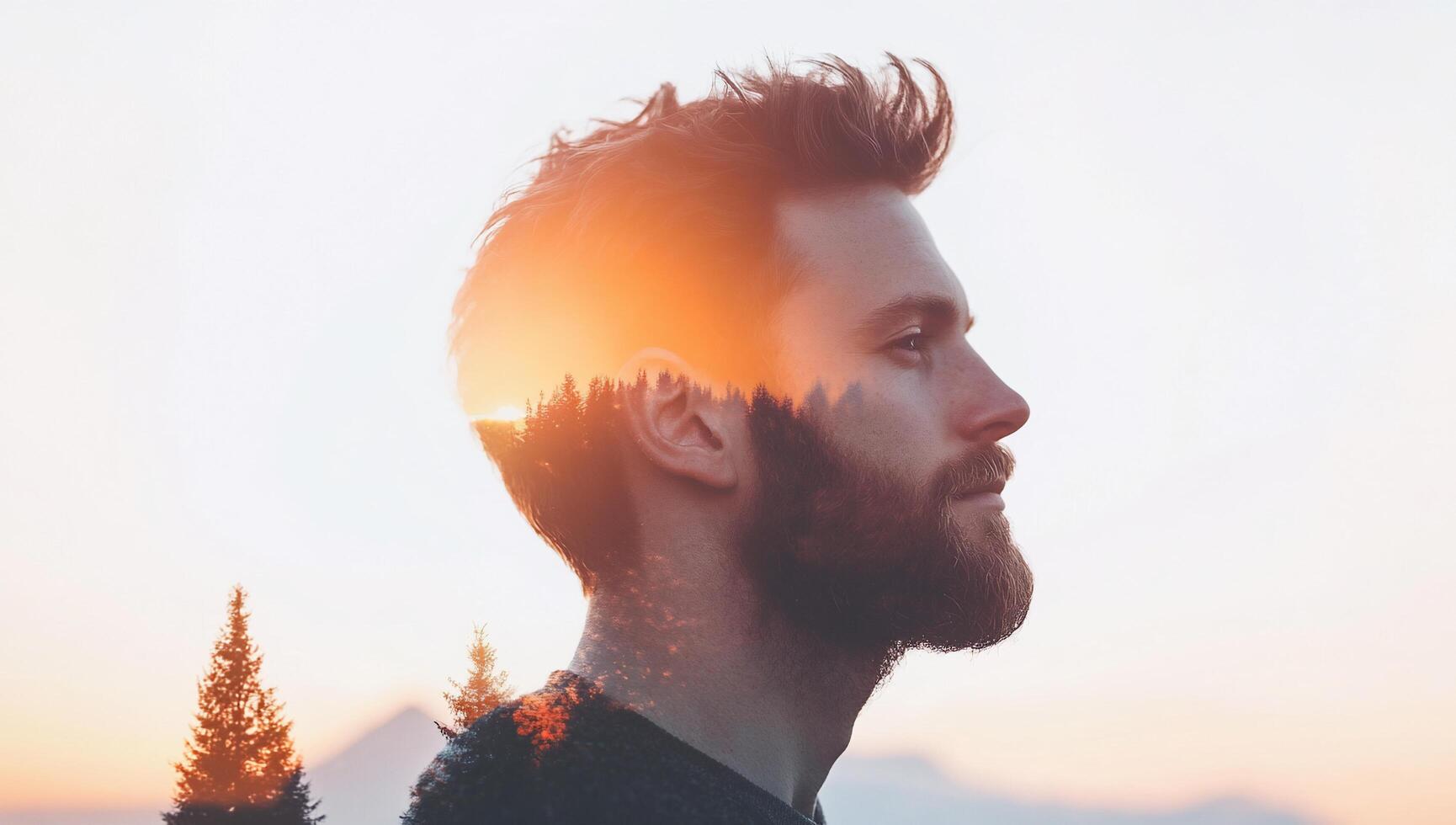 A double exposure portrait blending a man with a serene landscape. photo