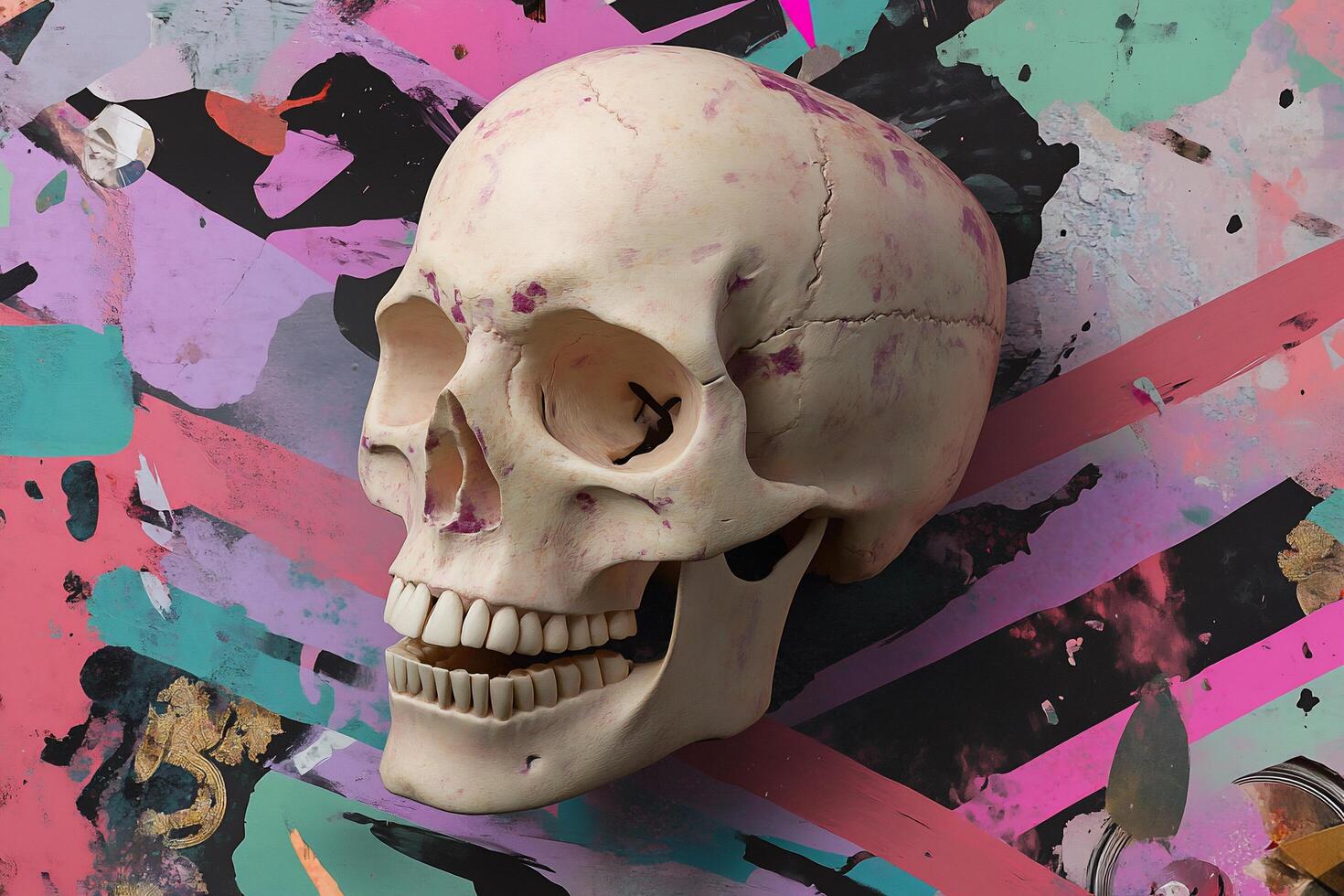 A skull against a vibrant, abstract background showcasing artistic expression. photo