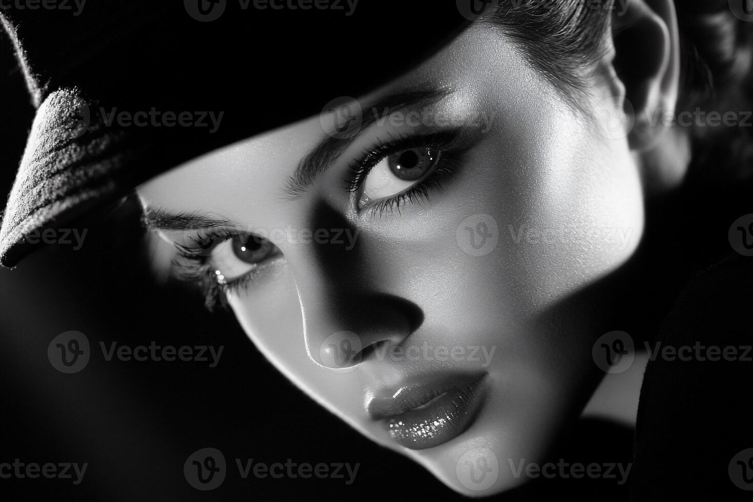Black and white portrait of a woman wearing a hat photo