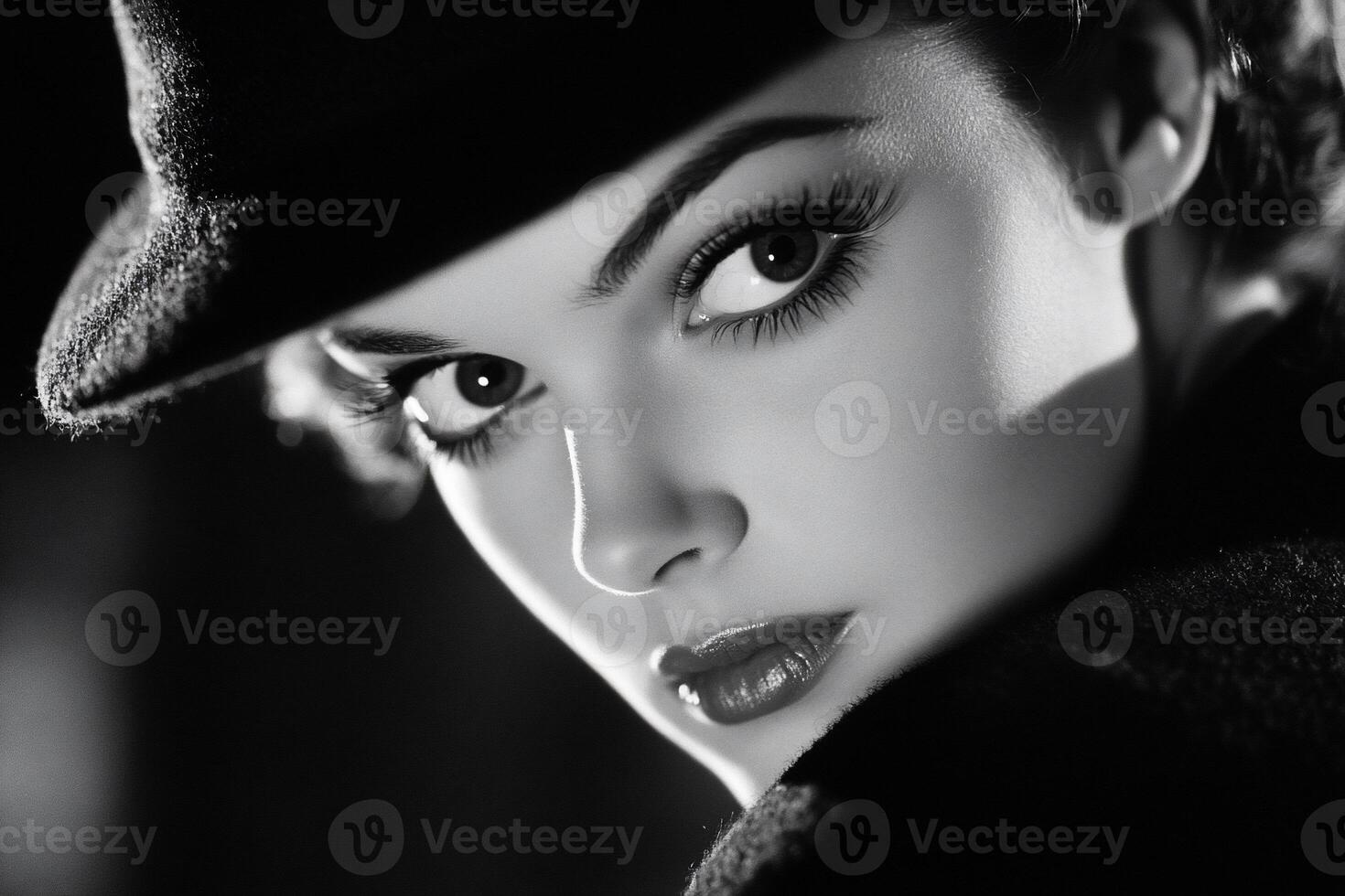 A black and white photo of a woman wearing a hat