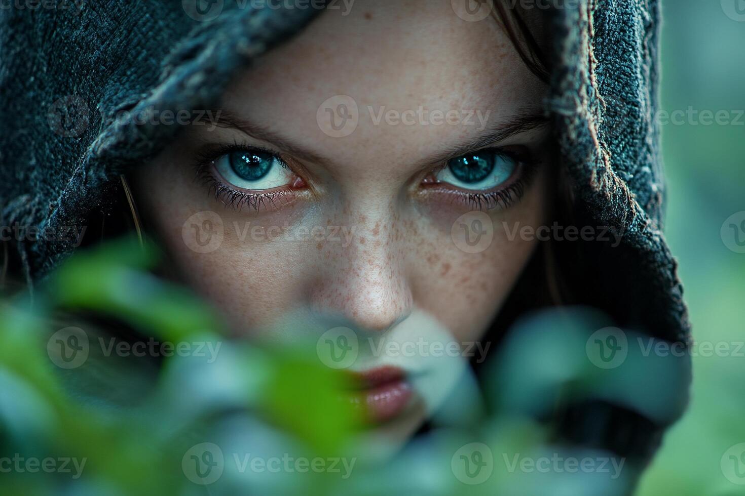 A woman with blue eyes and a hooded jacket photo