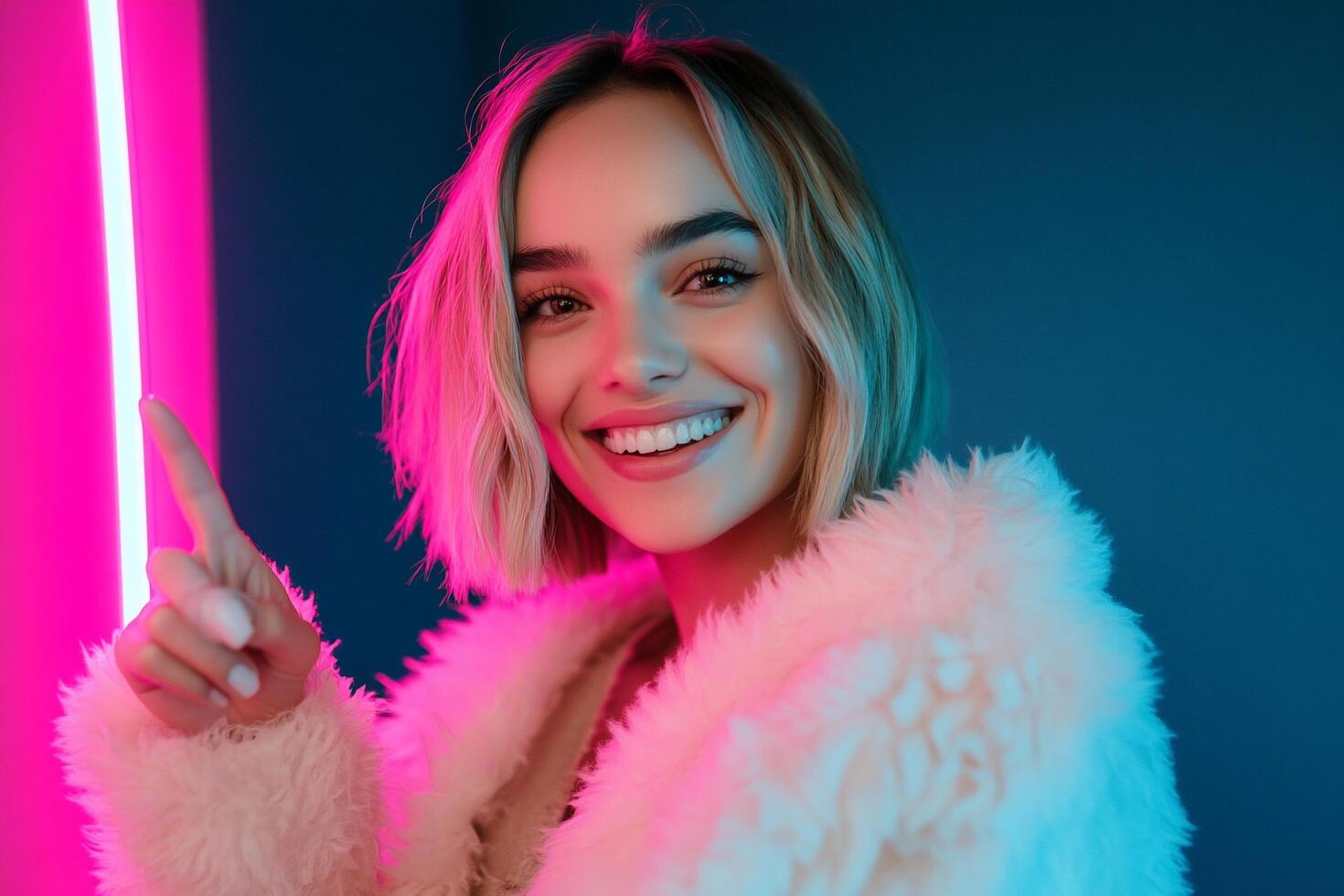 A smiling woman in a fluffy coat poses with vibrant neon lights. photo