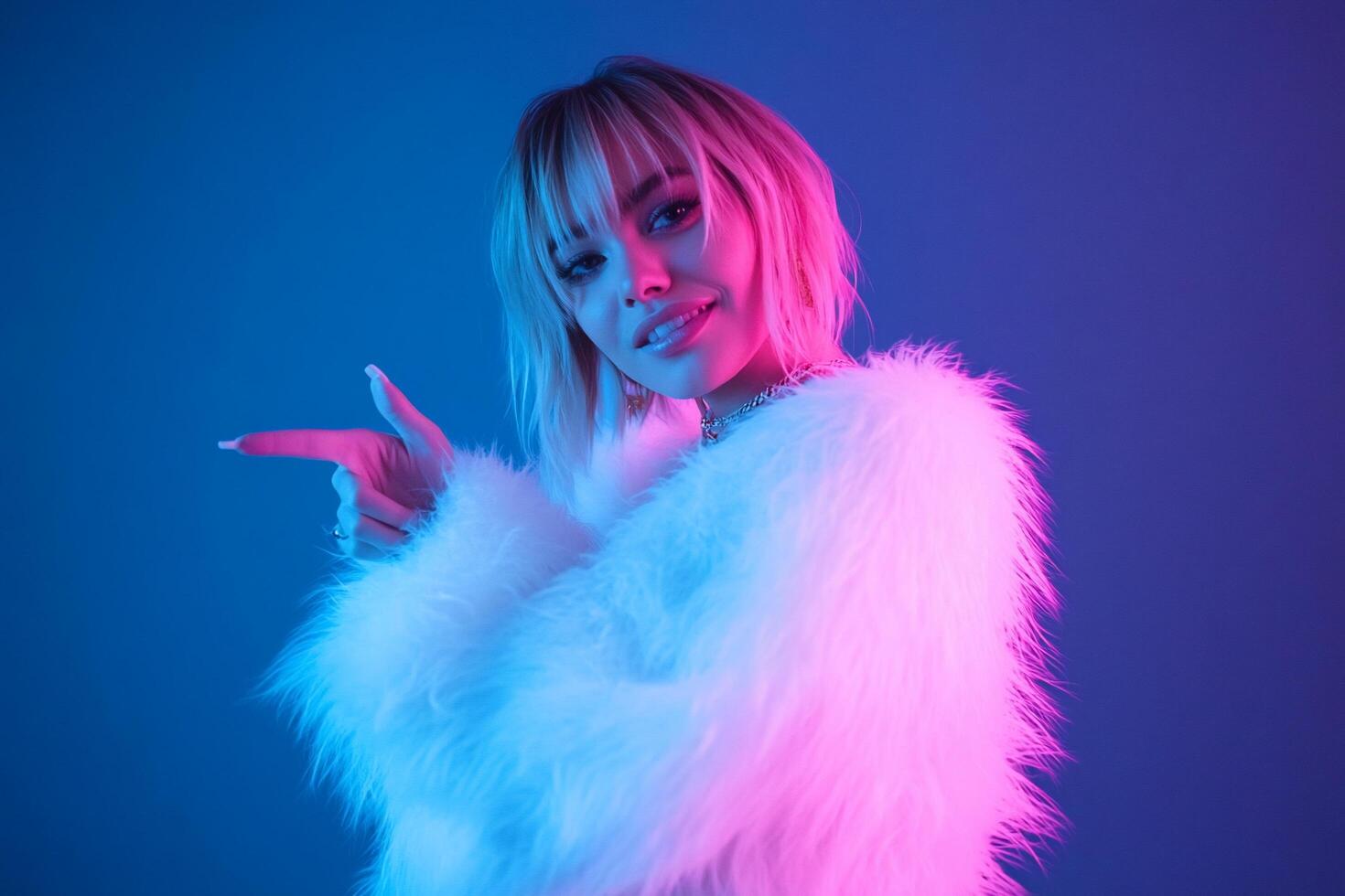 A stylish individual poses in vibrant lighting, exuding confidence. photo