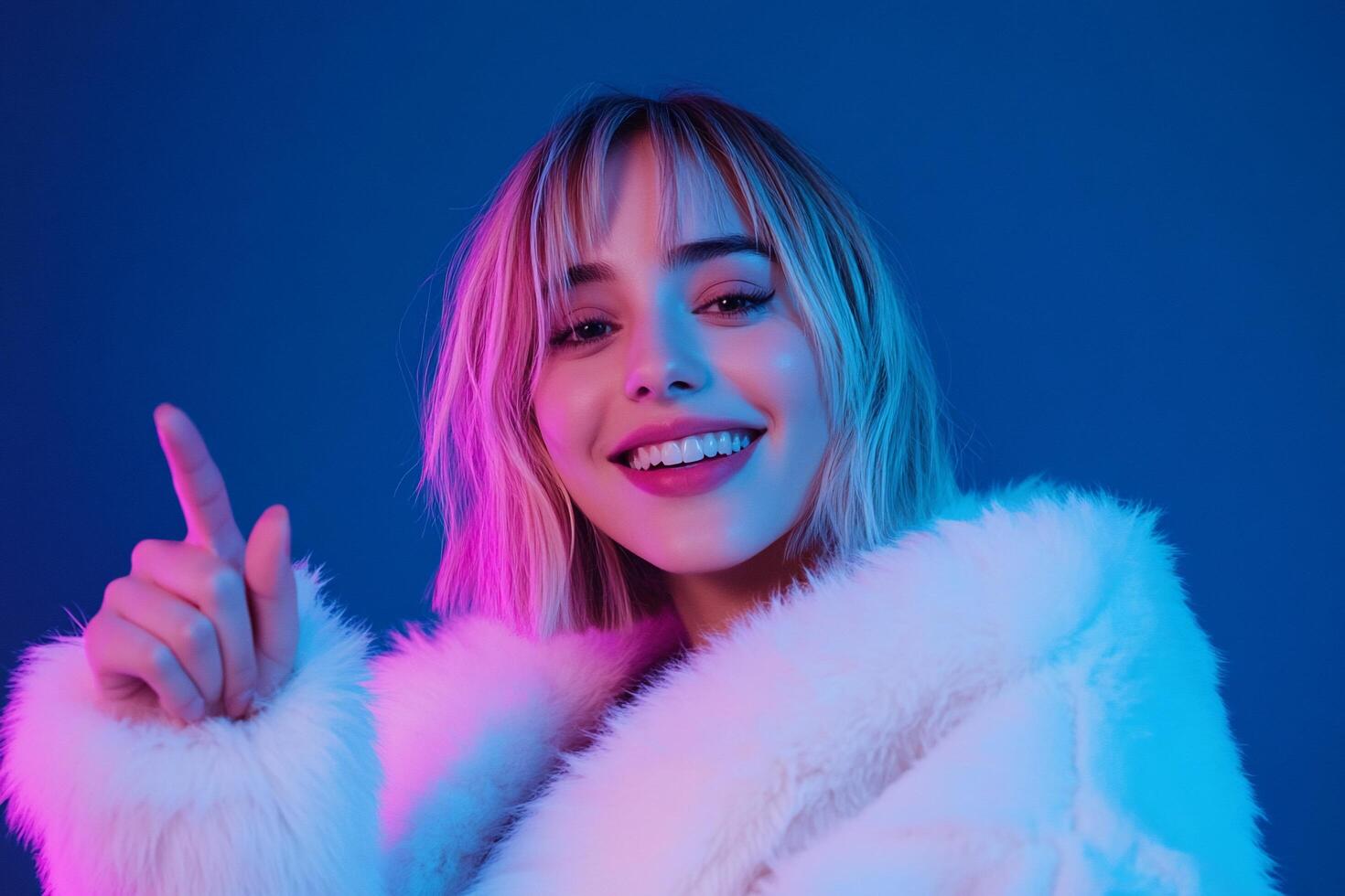 A smiling individual in a stylish fur coat against a vibrant blue backdrop. photo