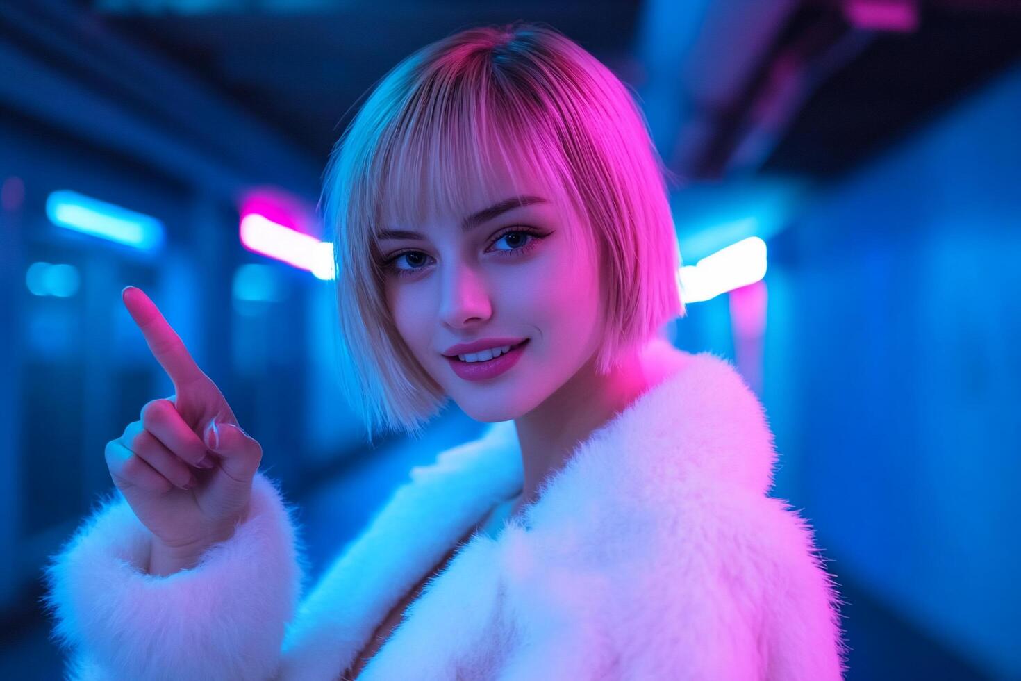 A stylish woman in a neon-lit corridor, playfully gesturing with her finger. photo