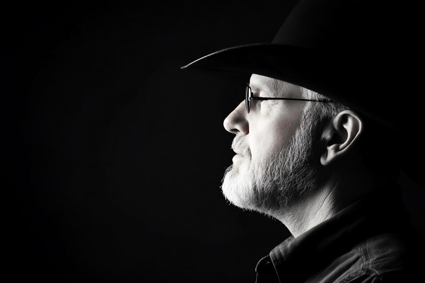 A profile of a man with a beard and hat against a dark background. photo