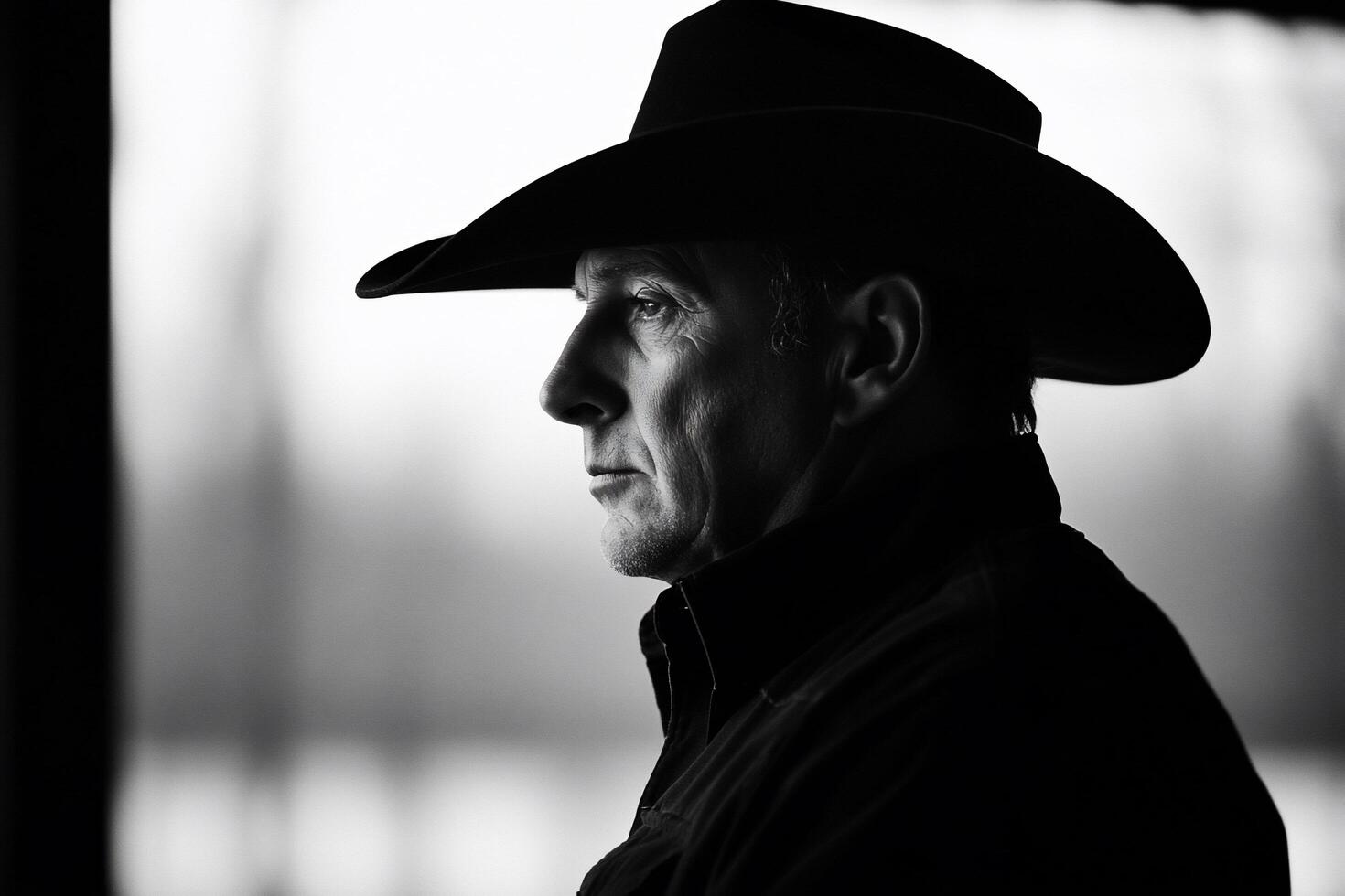 A profile of a man in a cowboy hat, captured in black and white. photo