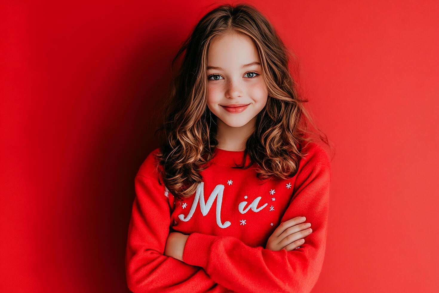 A smiling girl with curly hair in a red sweater against a red background. photo