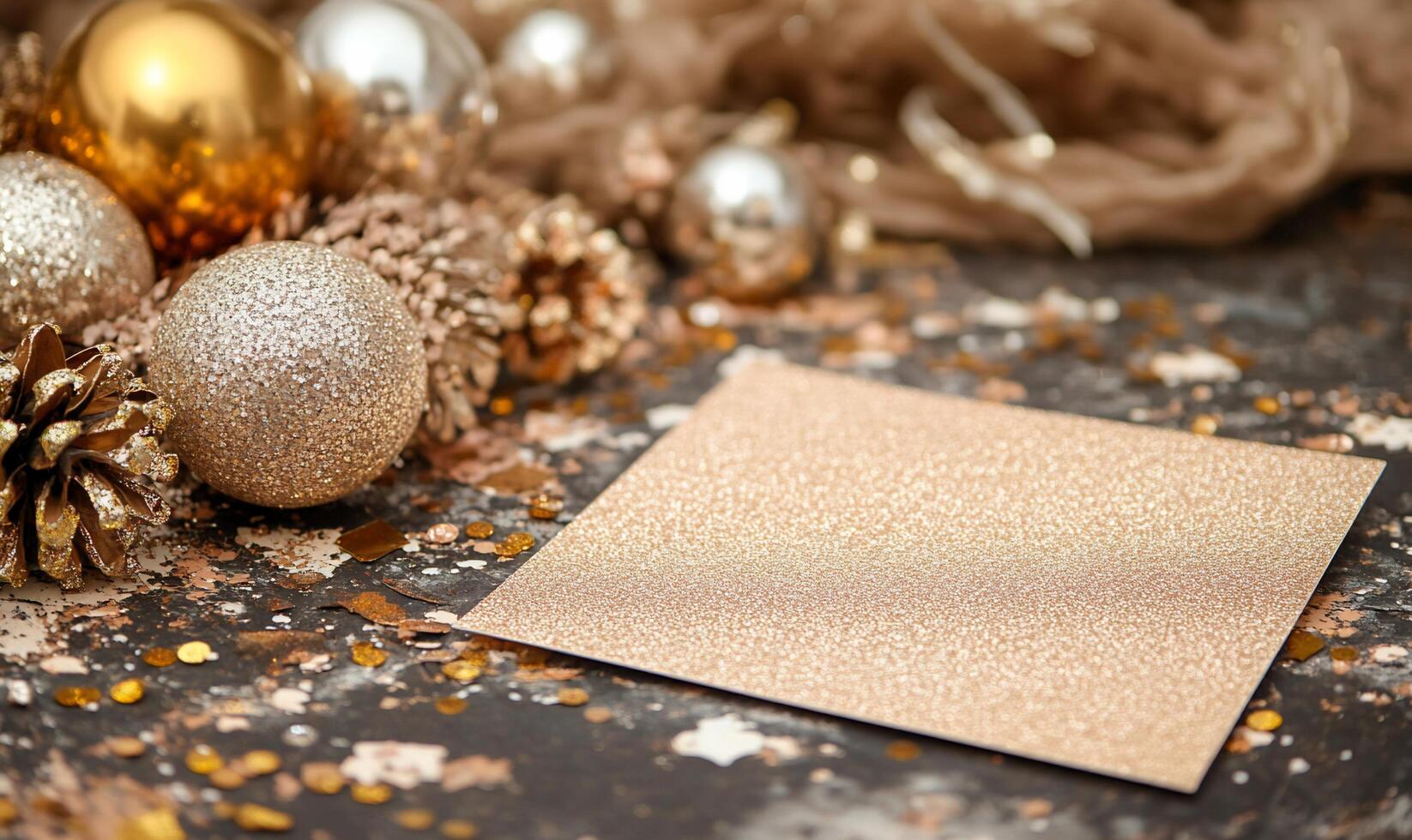 A festive arrangement with glittery decorations and a blank card. photo