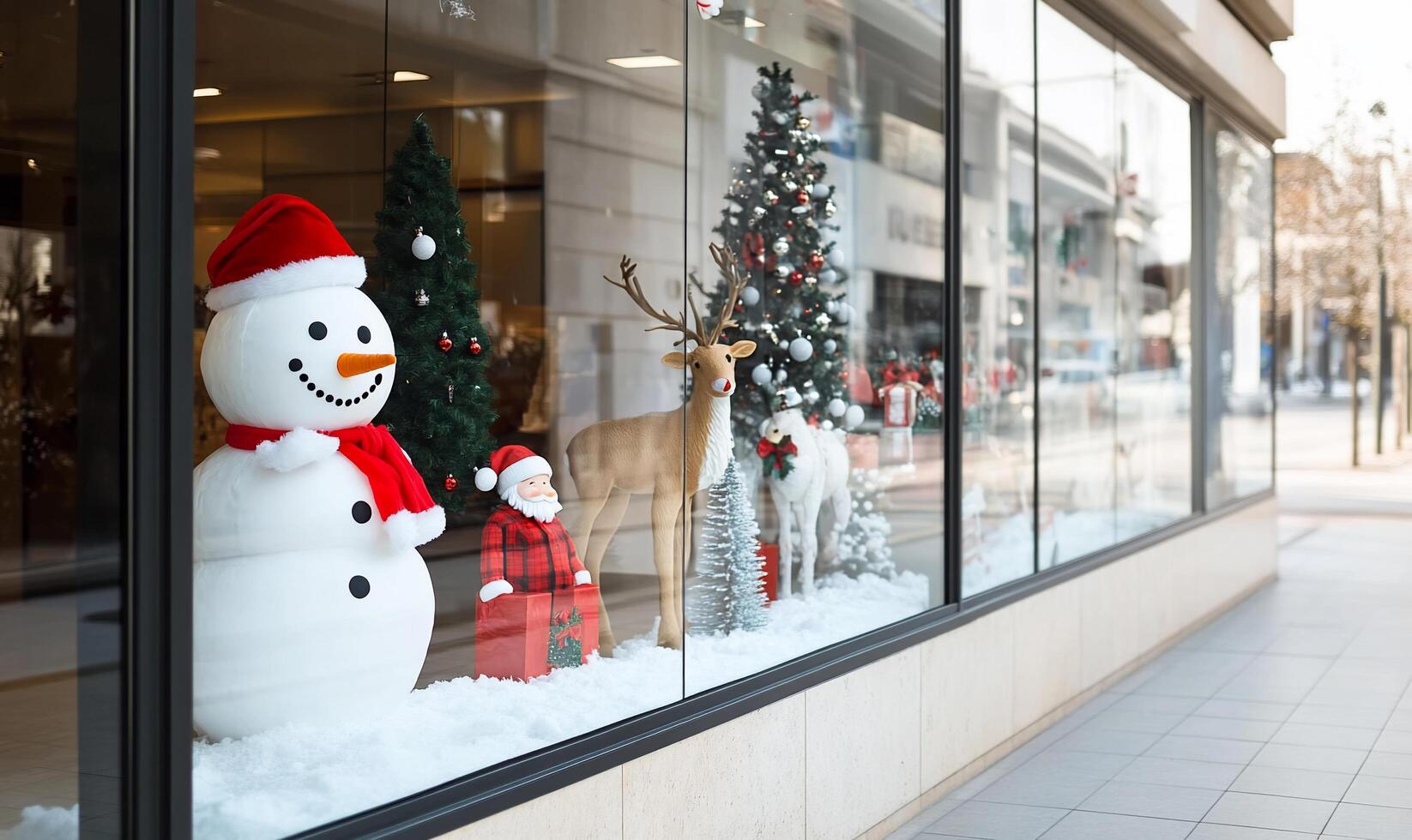Festive window display featuring a snowman, Christmas trees, and decorations. photo