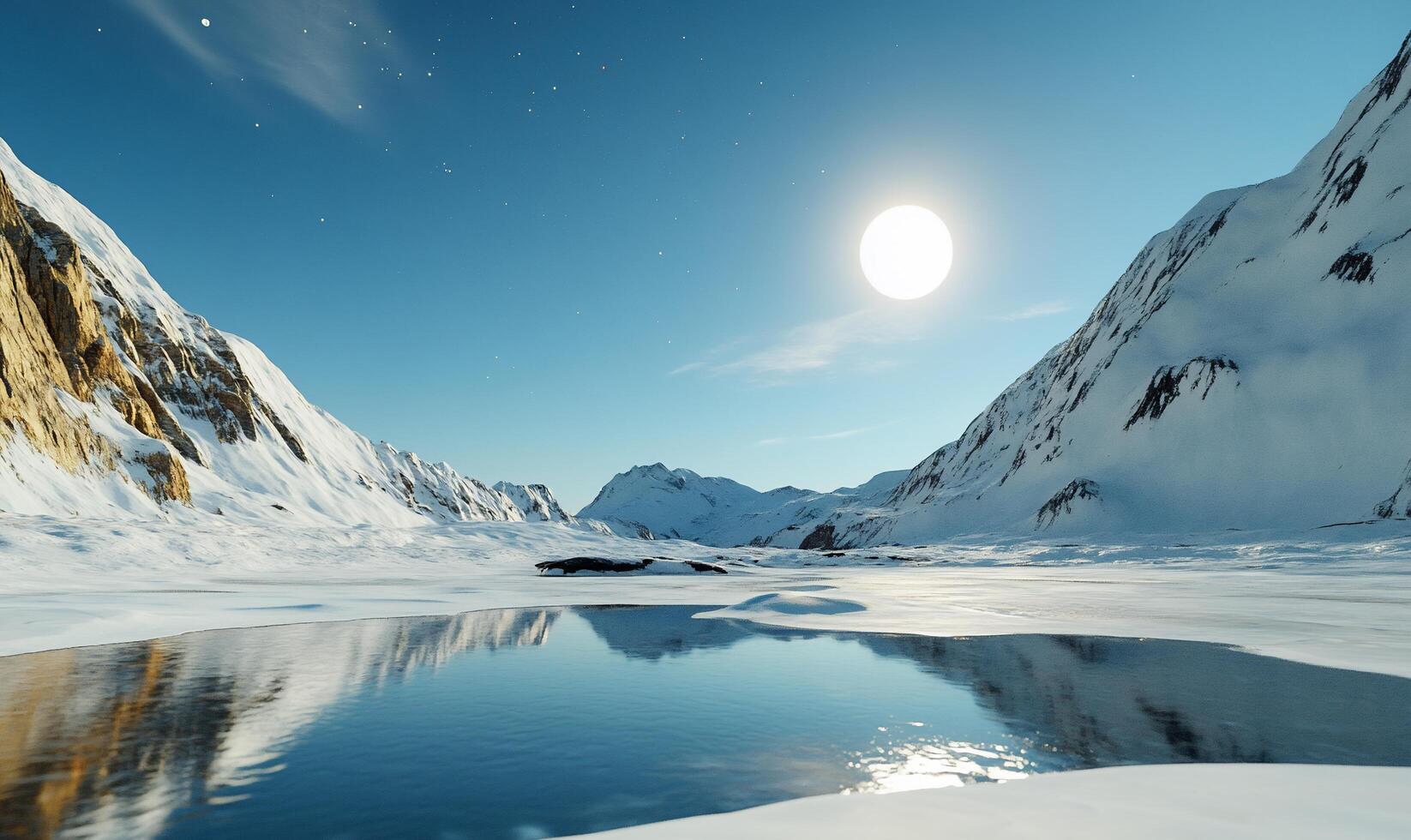 Serene winter landscape with mountains, a calm lake, and a bright sun. photo