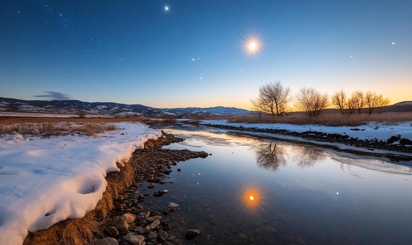 Serene winter landscape with a river reflecting the evening sky. photo
