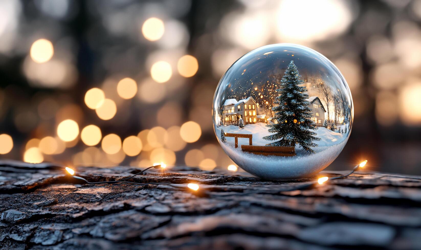 A snow globe showcasing a winter scene with twinkling lights. photo