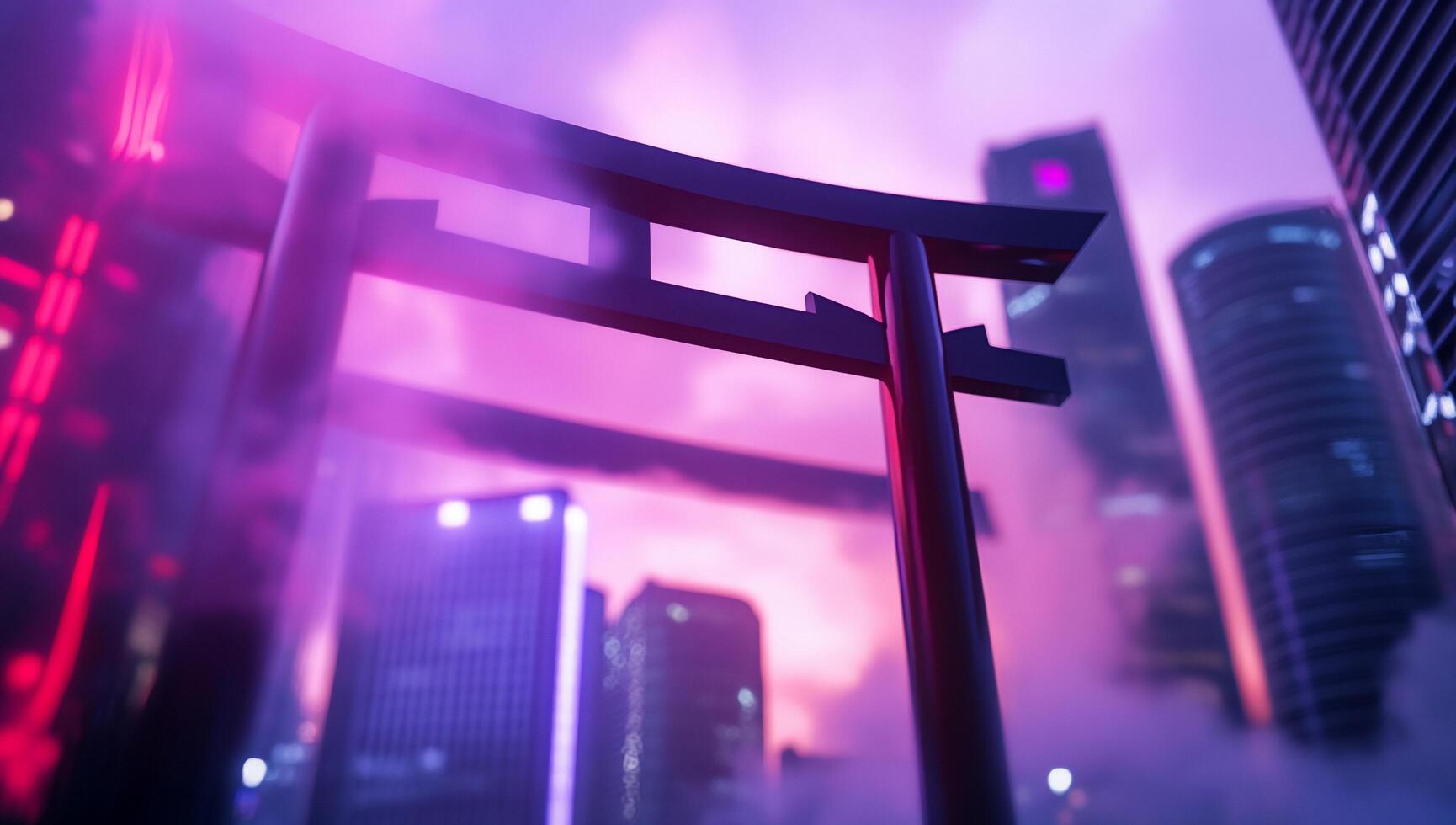 A modern torii gate amidst a futuristic cityscape at sunset. photo