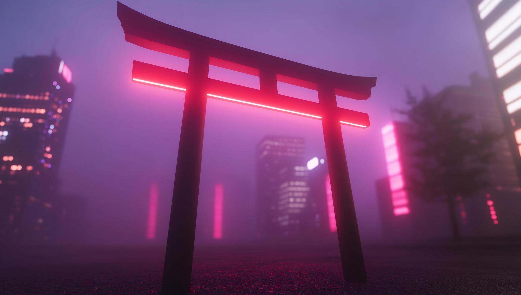 A neon-lit torii gate stands in a foggy urban landscape. photo