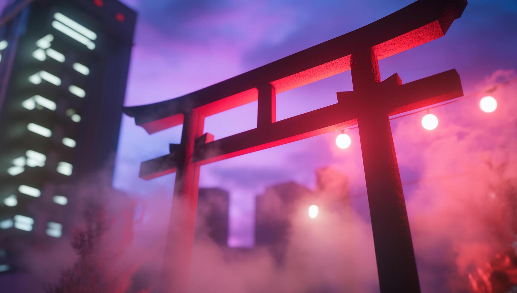 A torii gate illuminated against a city skyline with fog and lights. photo