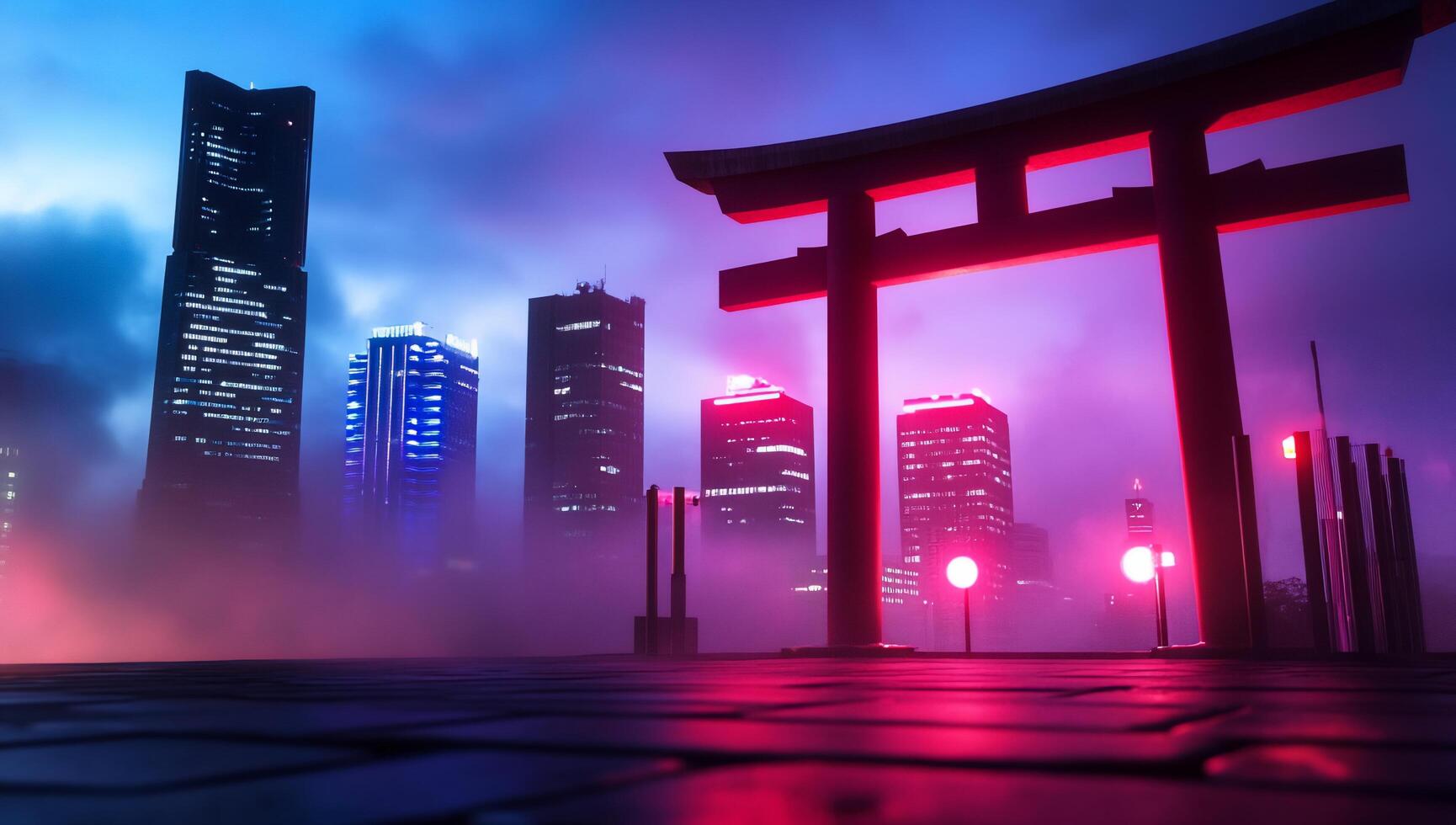 A vibrant cityscape featuring a traditional torii gate amid modern skyscrapers. photo