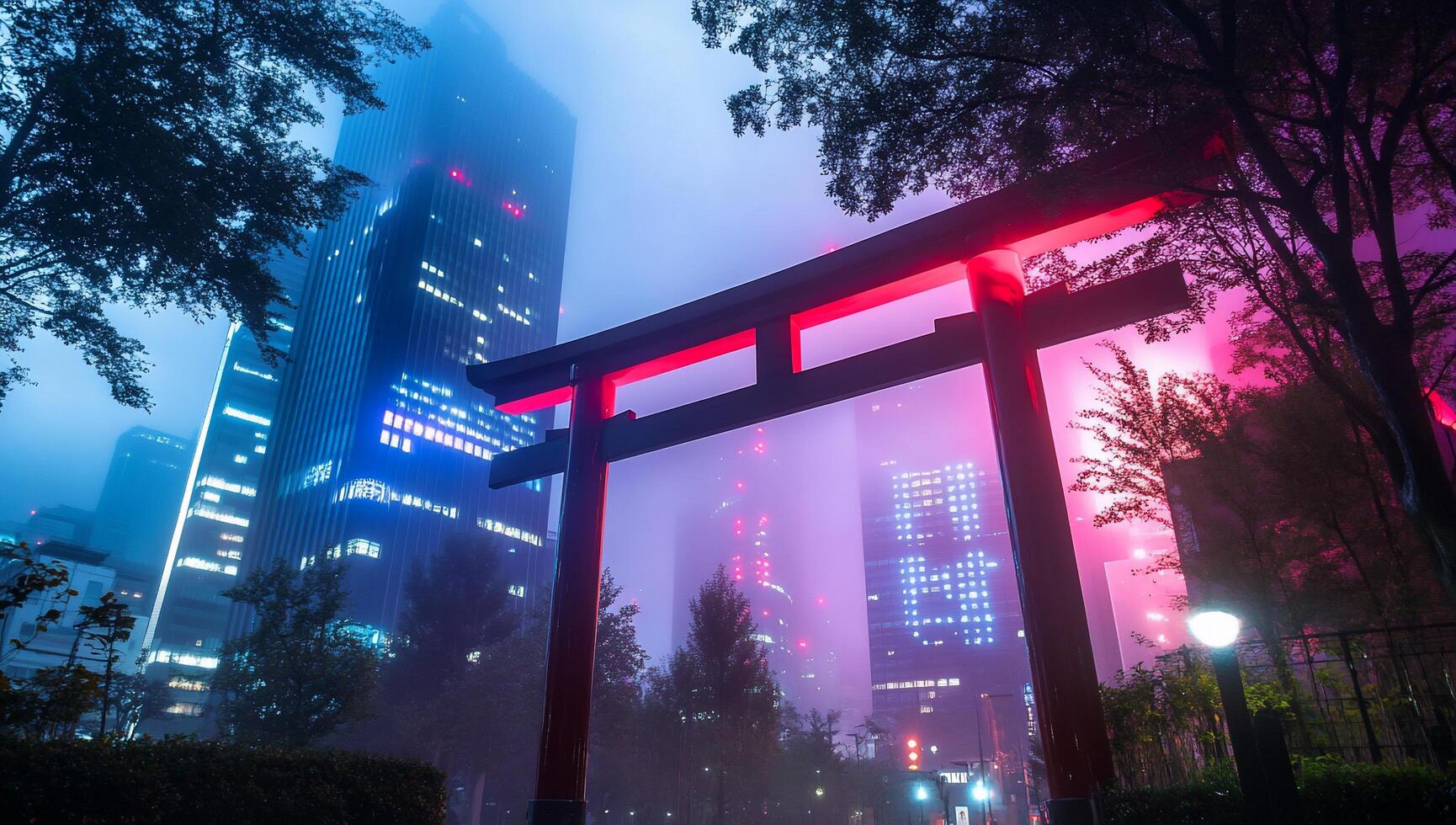 A torii gate framed by modern skyscrapers in a misty urban setting. photo