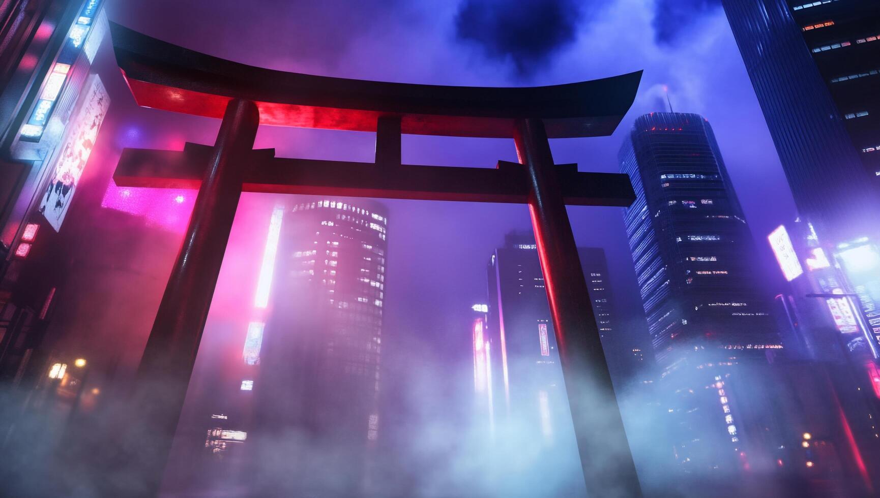 A vibrant urban scene featuring a torii gate amidst neon lights and fog. photo