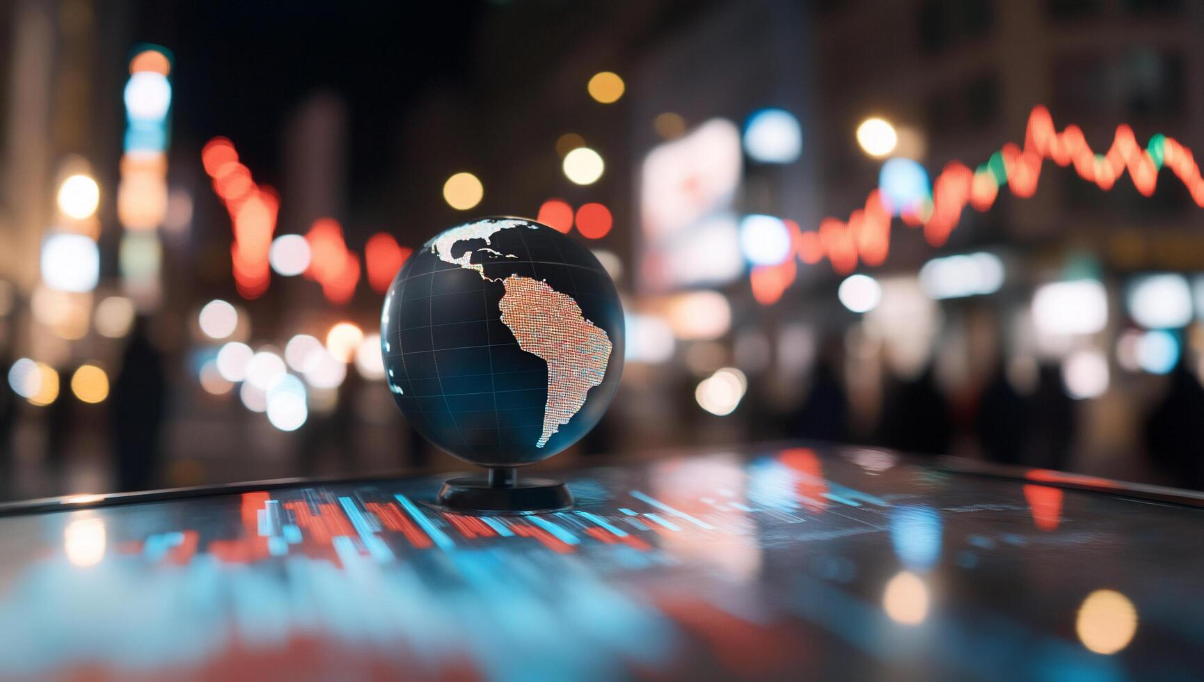 A globe highlighting South America, set against a blurred cityscape. photo